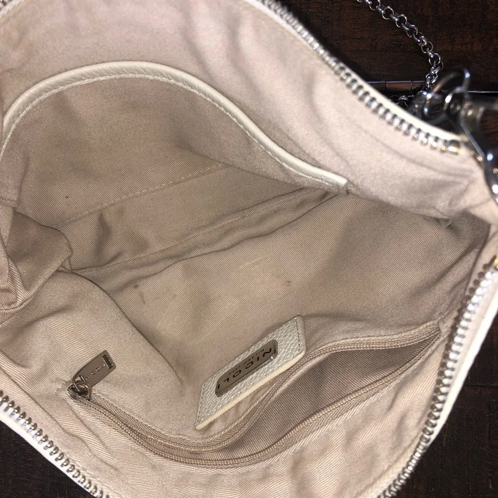 Nicoli Italian Crossbody Bag Winter White Pebbled Leather Silver Chain Strap